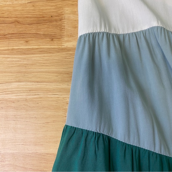 ST FROCK White Green Colourblock Pintuck Rayon Maxi Dress w Pockets Size 12-14 - Picture 7 of 11